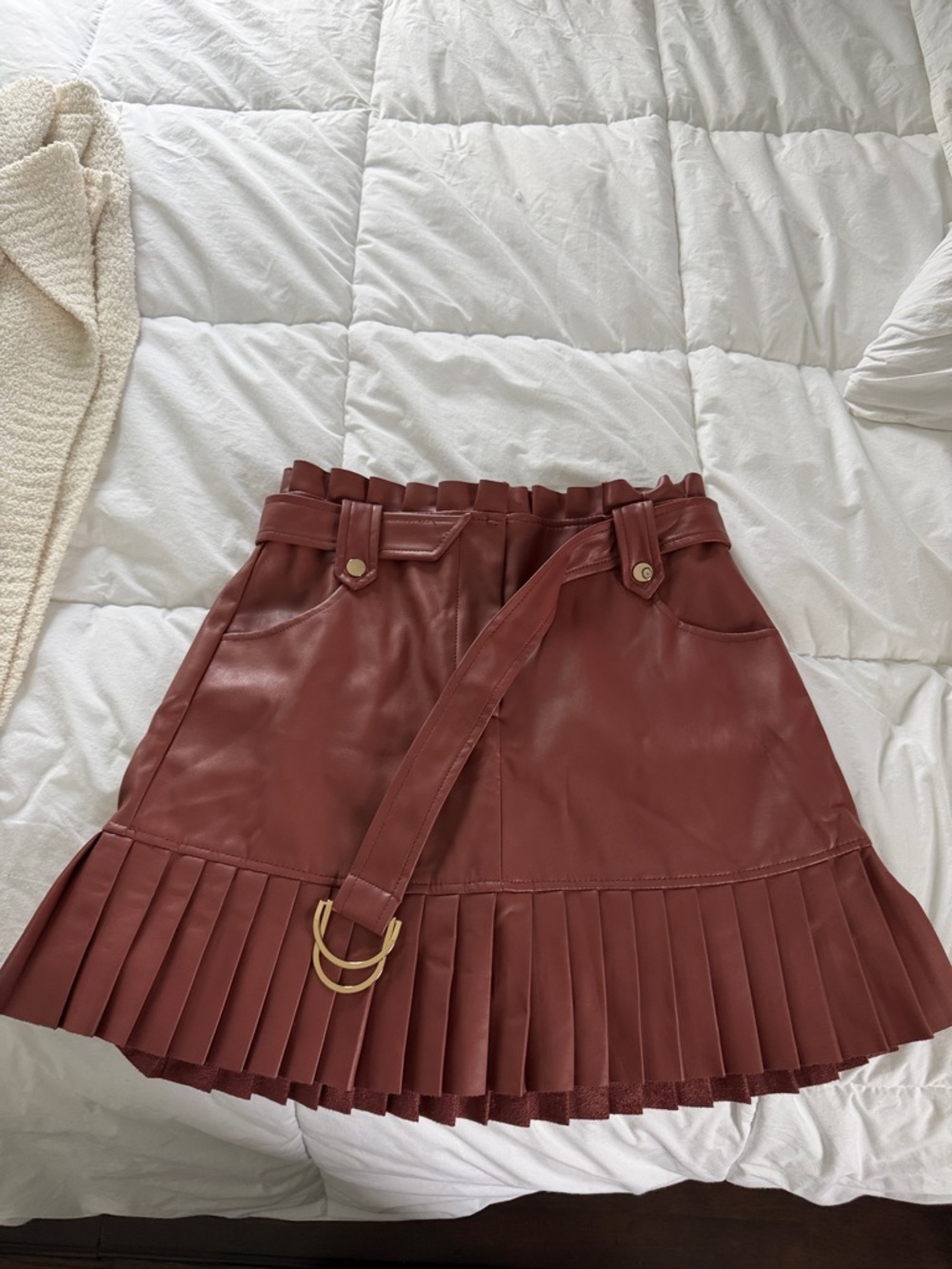 Zara Rust Pleated Faux Leather A-Line Skirt with Belt